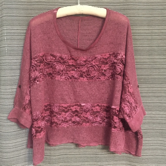 ART Iltalia Sweaters - Italian Knit Mohair Sweater in Rose color with Lace Inset and Dolman Sleeve